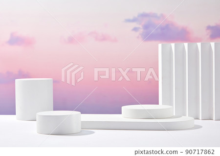 Front view of white podium and stairway with blank space in purple gradient cloudy sky background abstract content 90717862