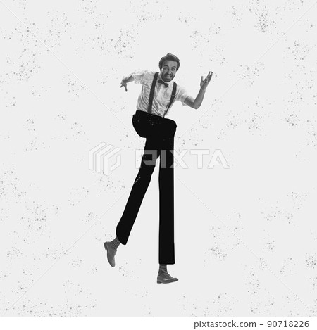 Contemporary art collage. Strange young man with long drawn legs in 60s, 70s fashion style outfit isolated on paper effect background. Fashion, art, surrealism. Contemporary art collage. Strange young man with long drawn legs in 60s, 70s fashion style outfit isolated on paper effect background. Fashion, art, surrealism. 90718226