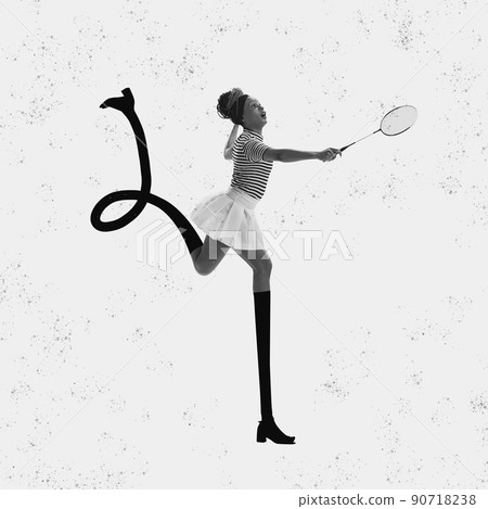 Artwork. Young beautiful girl retro, 70s, 80s fashion style clothes with long drawn legs playing badminton isolated on white background. Concept of art, fashion, beauty, emotions Artwork. Young beautiful girl retro, 70s, 80s fashion style clothes with long drawn legs playing badminton isolated on white background. Concept of art, fashion, beauty, emotions 90718238