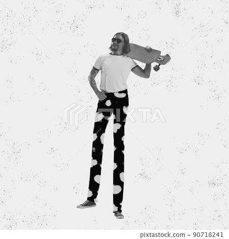 Contemporary art collage with stylish young man with long drawn legs dressed in 60s, 70s fashion style posing with longboard isolated on paper effect background. Contemporary art collage with stylish young man with long drawn legs dressed in 60s, 70s fashion style posing with longboard isolated on paper effect background. 90718241