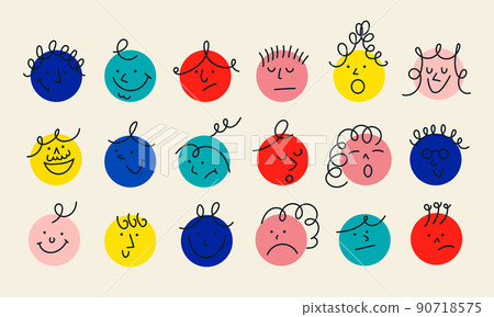 Face smile character abstract icon. Happy family cartoon doodle expression avatar people vector illustration concept. Comic fun eye and emoticon funny emoji person set. Cute crayon round art drawing 90718575