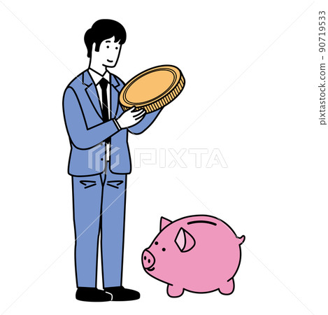 一個男人把錢存入存錢罐的簡單插圖 一個男人把錢存入存錢罐的簡單插圖 90719533