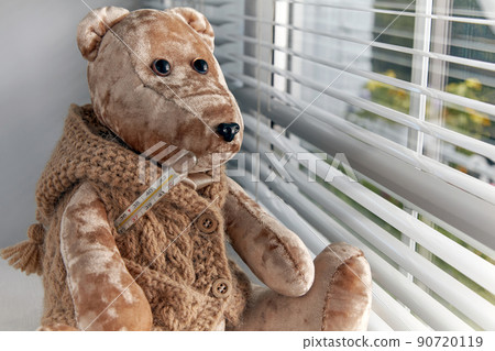 A teddy bear in a thermometer looks out the window sadly A teddy bear in a thermometer looks out the window sadly 90720119