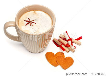 Cup of coffee with spices, romantic notes with wishes and two hearts Cup of coffee with spices, romantic notes with wishes and two hearts 90720365