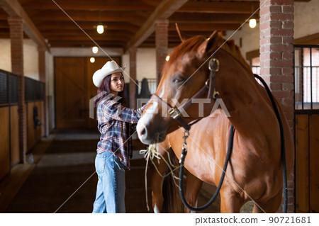 Young girl in cowboy hat combs the stabled horse that looks back at her indoors Young girl in cowboy hat combs the stabled horse that looks back at her indoors 90721681