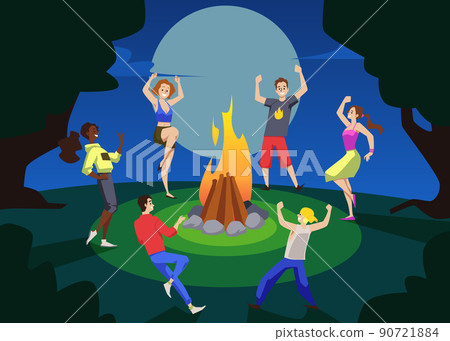 Group of happy young people dancing around bonfire, flat vector illustration. 90721884