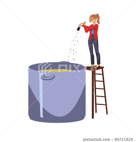 Tiny woman flavoring dish in giant saucepan flat vector illustration isolated. 90721929
