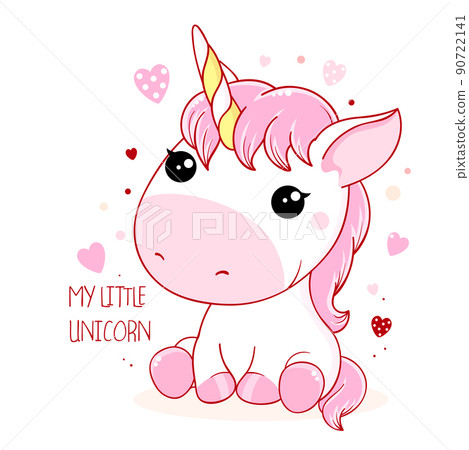 Cute baby card in kawaii style. Lovely unicorn with pink hearts. Inscription My little unicorn 90722141
