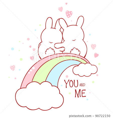 Cute Valentine card in kawaii style. Two lovely rabbits on rainbow. Inscription You and me 90722150