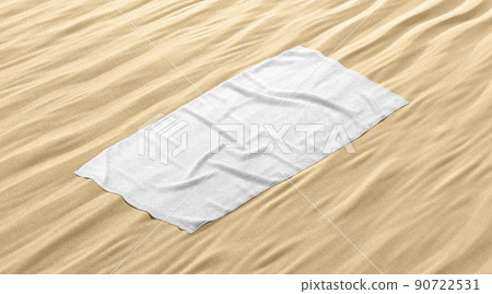 Blank white crumpled unfolded big towel mockup, sand background Blank white crumpled unfolded big towel mockup, sand background 90722531