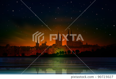 abstract background with red sunset and panorama of old Cologne 90723027