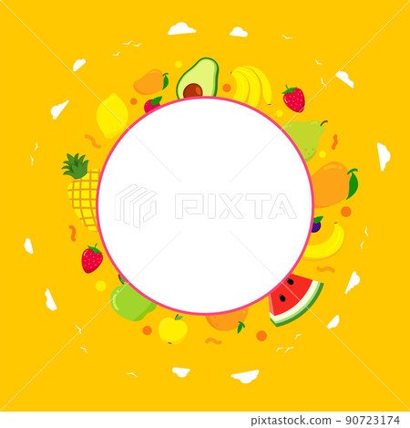 circle frame with fresh Fruit. bright colors fruits are pineapple, mango, watermelon, banana, 90723174
