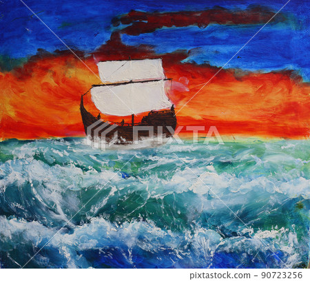 Sailing ship and bright sunset. Impressionism oil painting 90723256