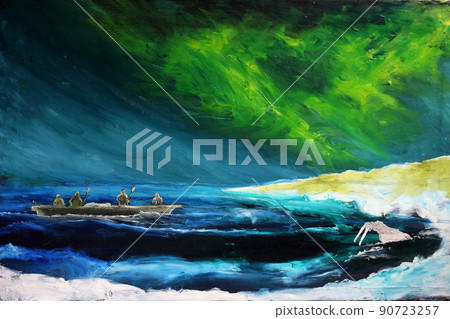 Northern hunters and Northern Lights. Oil painting Northern hunters and Northern Lights. Oil painting 90723257