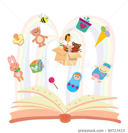 Imagination concept - open book with rainbow and children s toys. Flat design. Cartoon style. Everything is isolated Imagination concept - open book with rainbow and children s toys. Flat design. Cartoon style. Everything is isolated 90723413