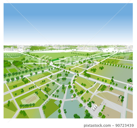 Beautiful cityscape and living scenery. Creating a city where people can live brightly and the nature and housing blend together. 90723439