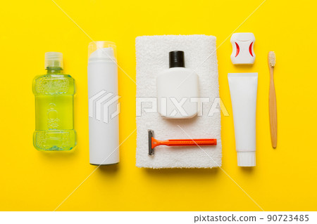 Mockup for bathing products top view flat lay, spa razor, toothpaste, soap, gel and other various accessories. Cosmetics for skin health. Bath Mockup for your logo Mockup for bathing products top view flat lay, spa razor, toothpaste, soap, gel and other various accessories. Cosmetics for skin health. Bath Mockup for your logo 90723485