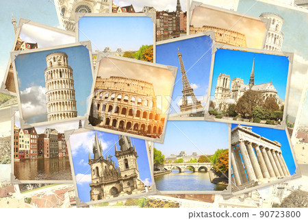 Vintage travel background with retro photos of european landmarks Vintage travel background with retro photos of european landmarks 90723800