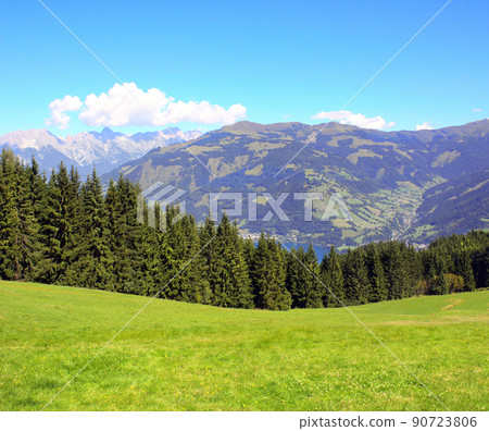 Alps mountains in Tirol, Austria. Aerial view of idyllic mountain scenery in Alps with green grass and fur-trees on sunny day 90723806