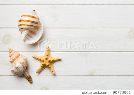 Summer time concept Flat lay composition with beautiful starfish and sea shells on colored table, top view with copy space for text 90723901