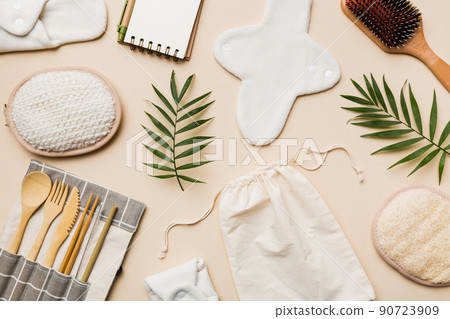 Zero waste concept. Eco-friendly home daily accessories. top view Zero waste concept. Eco-friendly home daily accessories. top view 90723909