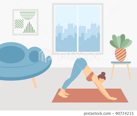 Yoga woman engaged in flat on mat vector Yoga woman engaged in flat on mat vector 90724215