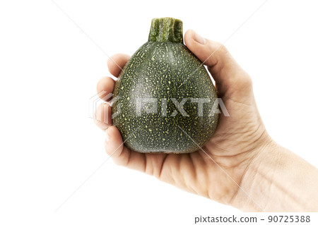 Hand of a woman holding green ball zucchini 90725388