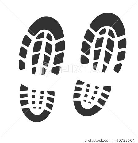 Footstep black silhouette, bootprint isolated on white background. Grunge track, symbol cartoon style. 90725504