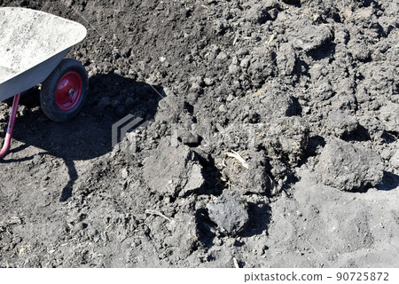 Iron garden cart with soil in the garden. Fertilization of the earth. Manure. Iron garden cart with soil in the garden. Fertilization of the earth. Manure. 90725872