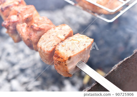 Grilled pork meat in a barbecue net with spices Grilled pork meat in a barbecue net with spices 90725906