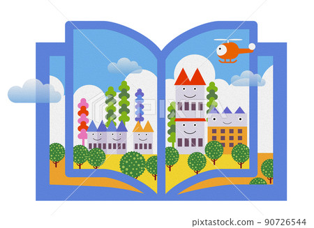 油性壓花。書籍和蛋糕之城。美麗的城市景觀和生活風景。人們可以明亮地生活和住房融為一體的自然 90726544