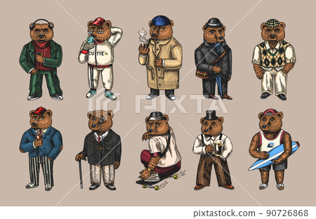 Bear in vintage costume with beer. Fashion animal character in tweed jacket. Hand drawn sketch 90726868