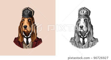 Bloodhound Dog dressed up in suit. Hunting breed. Fashion Animal character in clothes. Hand drawn 90726927