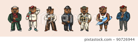 Bear in vintage costume with beer. Fashion animal character in tweed jacket. Hand drawn sketch Bear in vintage costume with beer. Fashion animal character in tweed jacket. Hand drawn sketch 90726944