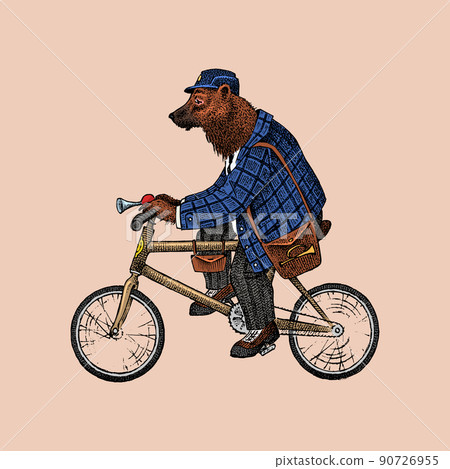 Brown bear rides a bike. Antique gentleman in a - Stock