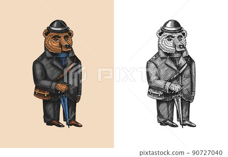 Bear in vintage costume. Fashion animal character in a coat with an umbrella. Hand drawn sketch Bear in vintage costume. Fashion animal character in a coat with an umbrella. Hand drawn sketch 90727040
