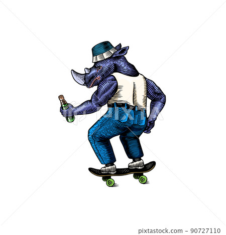 A rhinoceros man in a T-shirt and jeans, a skateboarder rides a board and holds a soda.. Fashion 90727110