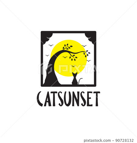 frame with tree and cat sunset logo design vector graphic symbol icon illustration creative idea 90728132