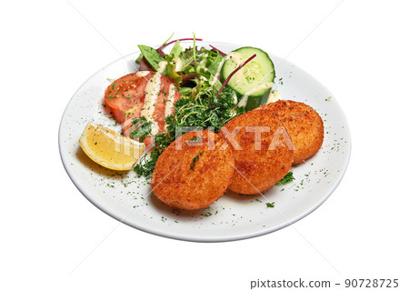 White plate with three Cheese croquettes ans salad Isolated 90728725