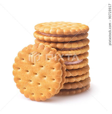 Stack of sandwich biscuits with fruit filling 90728917