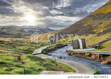 View of boardwalk and changing rooms by hot stream in Hveragerdi against sky 90729451