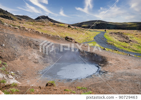 High angle view of geothermal mud spot amidst landscape in Hveragerdi valley 90729463