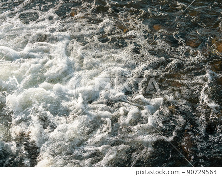 Flowing dark water texture. White water foam, small whirlpool, water background. Flowing dark water texture. White water foam, small whirlpool, water background. 90729563