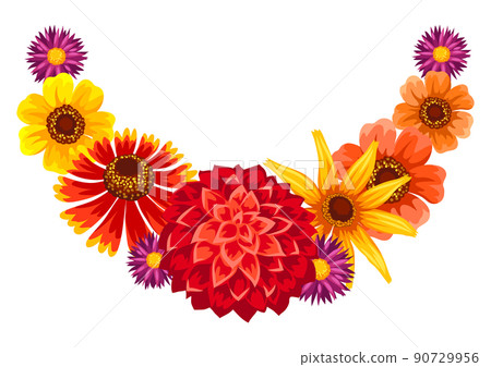 Decorative frame with autumn flowers. Beautiful decorative bouquet of blooming plants. Decorative frame with autumn flowers. Beautiful decorative bouquet of blooming plants. 90729956