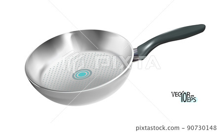 Realistic empty metal frying pan with plastic black handle isolated. Vector illustration Eps10. Realistic empty metal frying pan with plastic black handle isolated. Vector illustration Eps10. 90730148