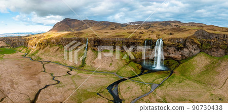 Aerial view of the Seljalandsfoss - located in the South Region in Iceland 90730438