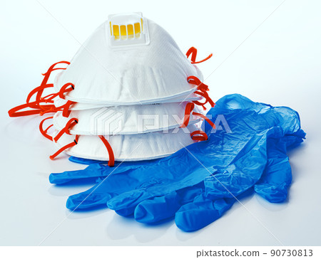 Medical masks with sterile latex gloves on white background 90730813