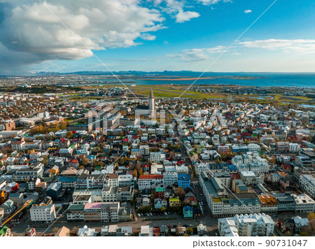 Beautiful aerial view of Reykjavik, Iceland. Sunny day Beautiful aerial view of Reykjavik, Iceland. Sunny day 90731047