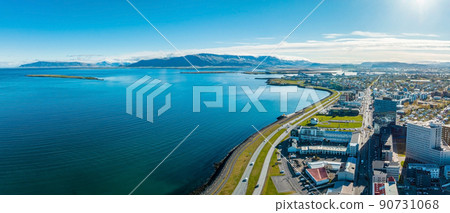 Beautiful aerial view of Reykjavik, Iceland. Sunny day Beautiful aerial view of Reykjavik, Iceland. Sunny day 90731068