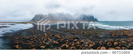 Wonderful picturesque Scene near Stokksnes cape in Iceland. 90731069